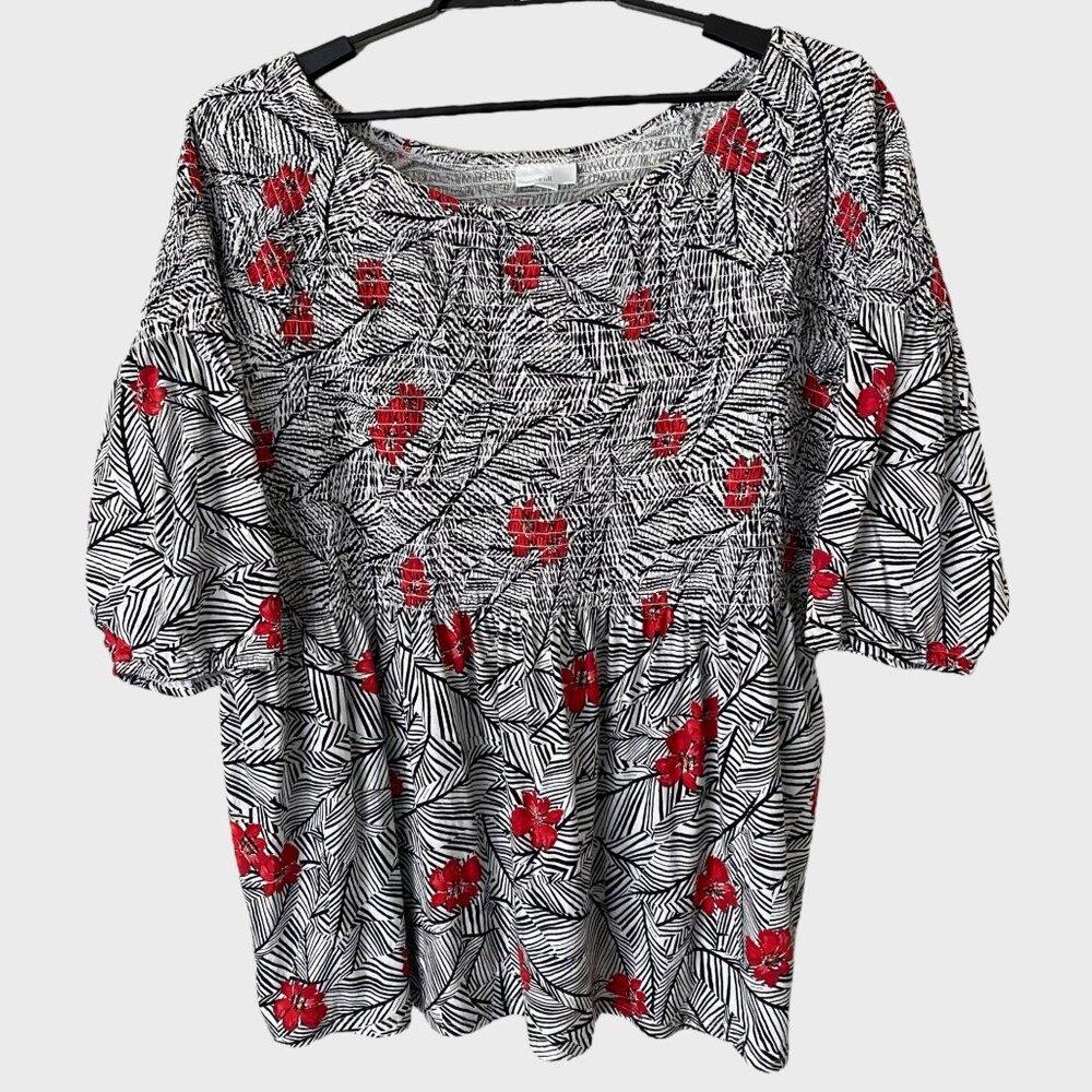 J.Jill Smocked Floral Knit Peasant Top Women's Size 2X Popover 3/4 Sleeve Blouse
